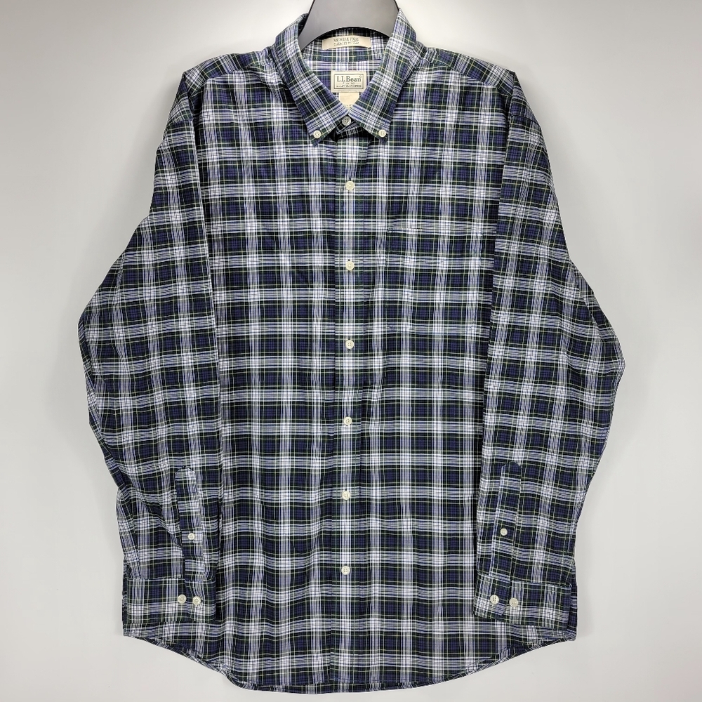 LL Bean Long Sleeve Button Shirt Mens XL Slightly Fitted Plaid Blue Green Casual